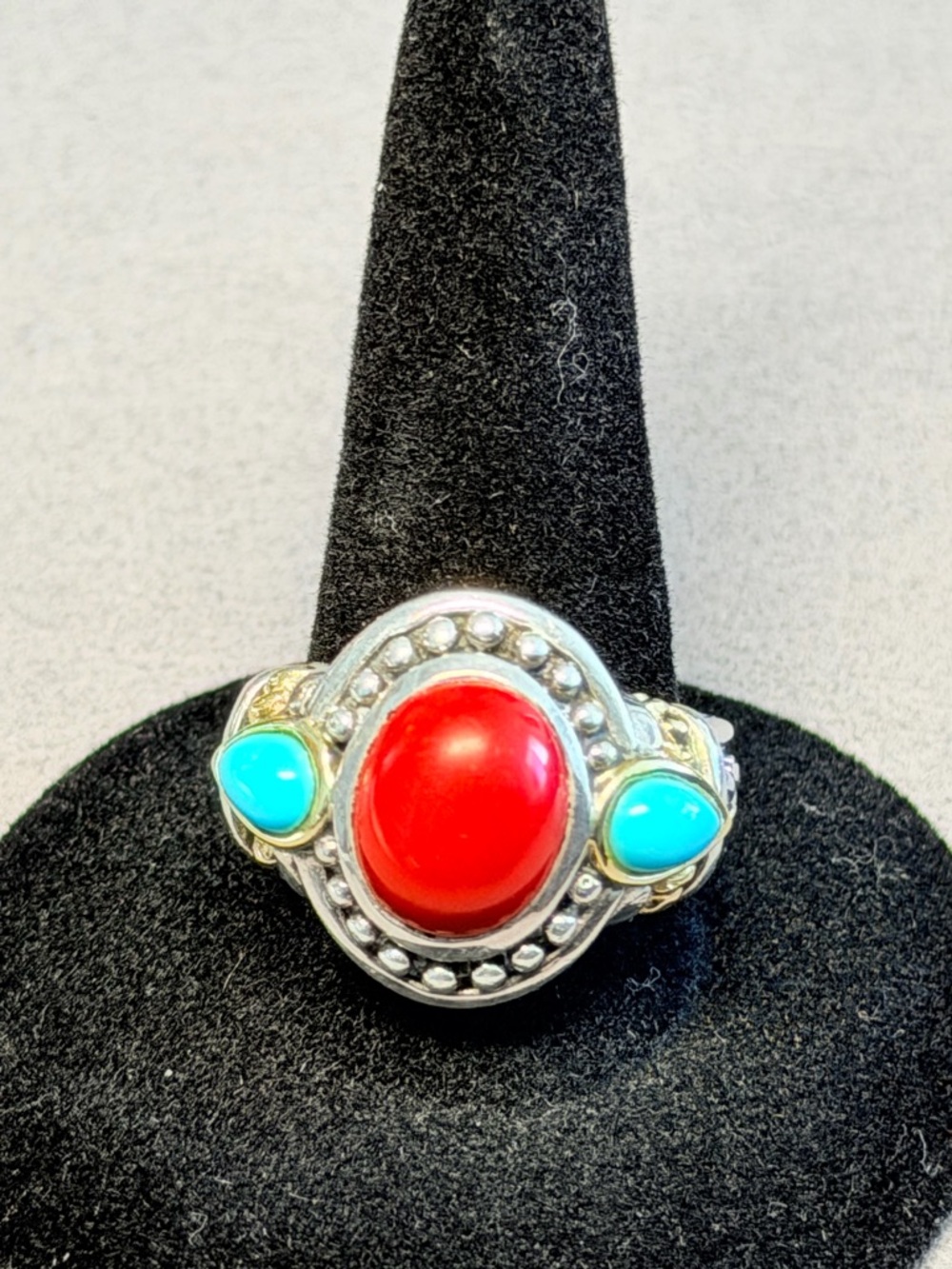 Samuel Benham BJC 925 Sterling and 14k Gold Turquoise & Coral Ring,Sz 7-7.25
